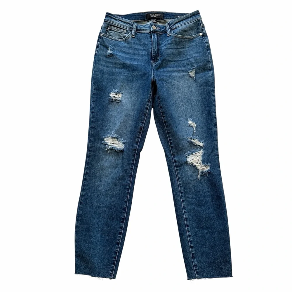 Judy Blue Blue Distressed Relaxed Fit Straight Leg Jean 7/28